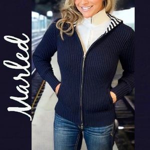 Marled Reunited Clothing Dark Blue Zip-Up Hoodie with Striped Hood S